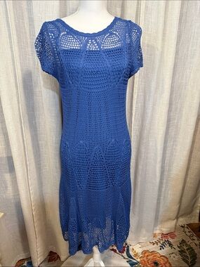 Lauren Ralph Lauren Blue Open-Knit Crochet Sweater Dress | Size Large